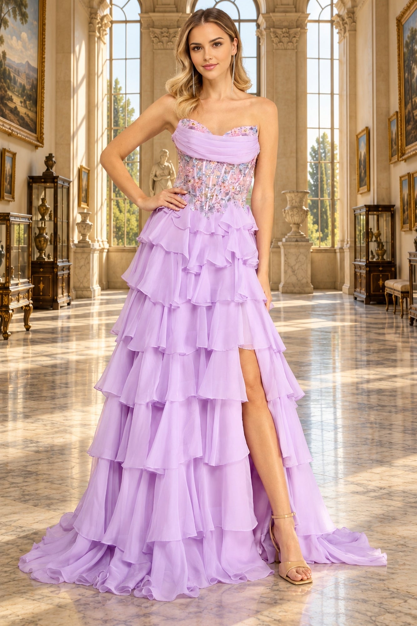 Amelia Couture 9103 strapless lavender gown featuring a beaded sweetheart bodice and a floor-length skirt with tiered ruffles and a side slit.